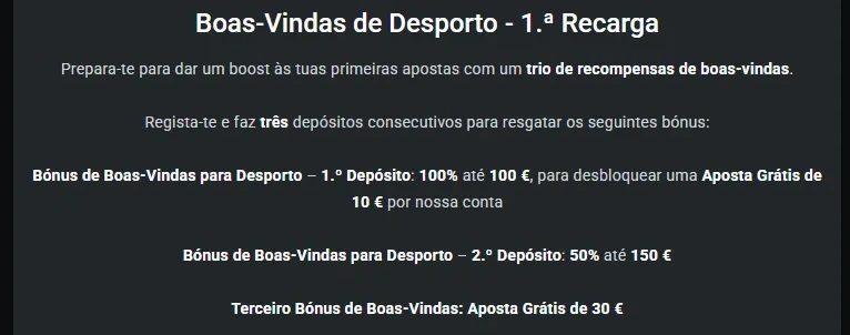Captura de ecrã das condições das boas-vindas de desporto