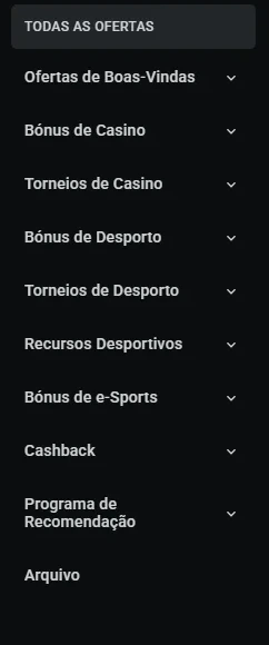 Captura de ecrã das categorias de ofertas na página de promoções